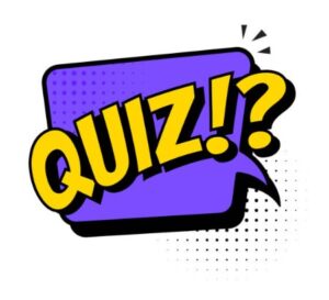 Purple speech bubble with bold yellow text reading QUIZ!? in a comic style.