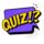 Purple speech bubble with bold yellow text reading QUIZ!? in a comic style.