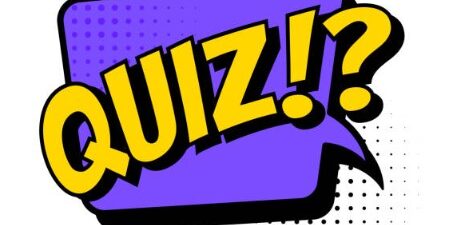 Purple speech bubble with bold yellow text reading QUIZ!? in a comic style.