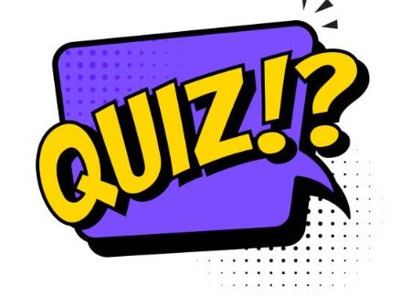 Purple speech bubble with bold yellow text reading QUIZ!? in a comic style.
