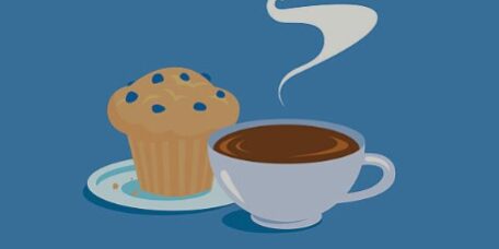 coffee & cake Steaming cup of coffee and muffin