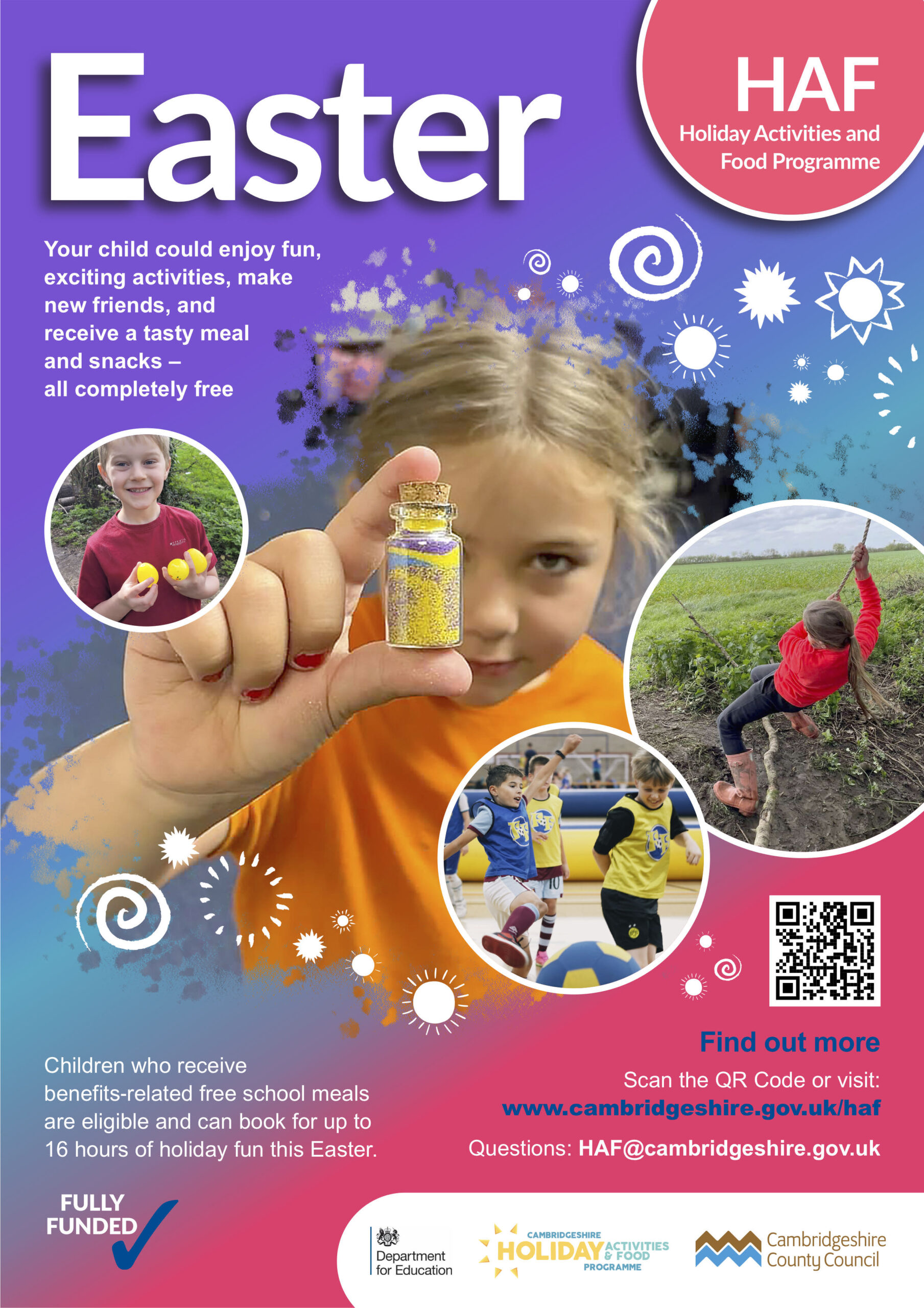 Children enjoy outdoor activities, crafts, sports, and food during an Easter holiday programme.