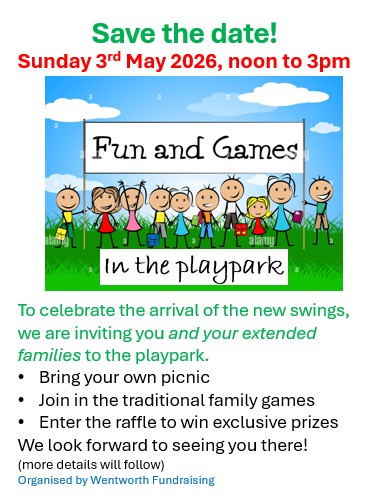 Cartoon children holding a Fun and Games in the playpark sign, event details below.