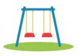 Illustration of a blue swing set with two red seats on a patch of green grass.