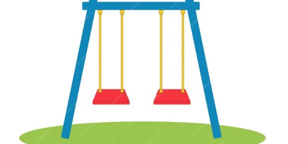Illustration of a blue swing set with two red seats on a patch of green grass.