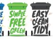 Four colourful bins labelled: Reduce, Simple, Easy, Weekly food, with positive waste messages.