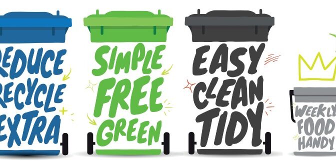 wheelie bins Four colourful bins labelled: Reduce, Simple, Easy, Weekly food, with positive waste messages.