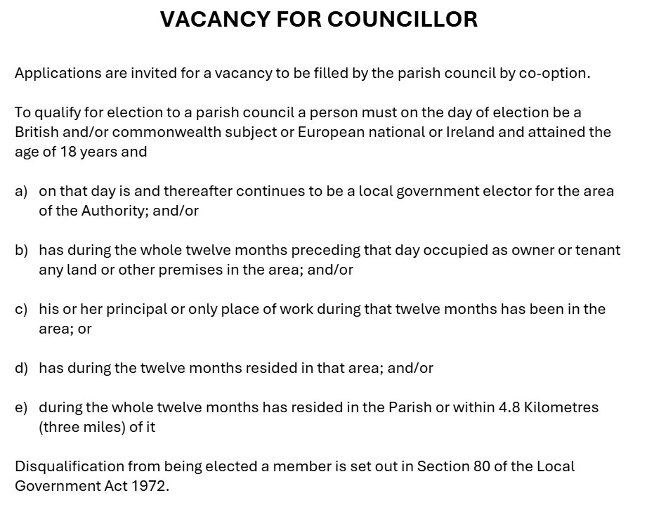 Text titled Vacancy For Councillor lists eligibility rules for parish council co-option in bullet points.