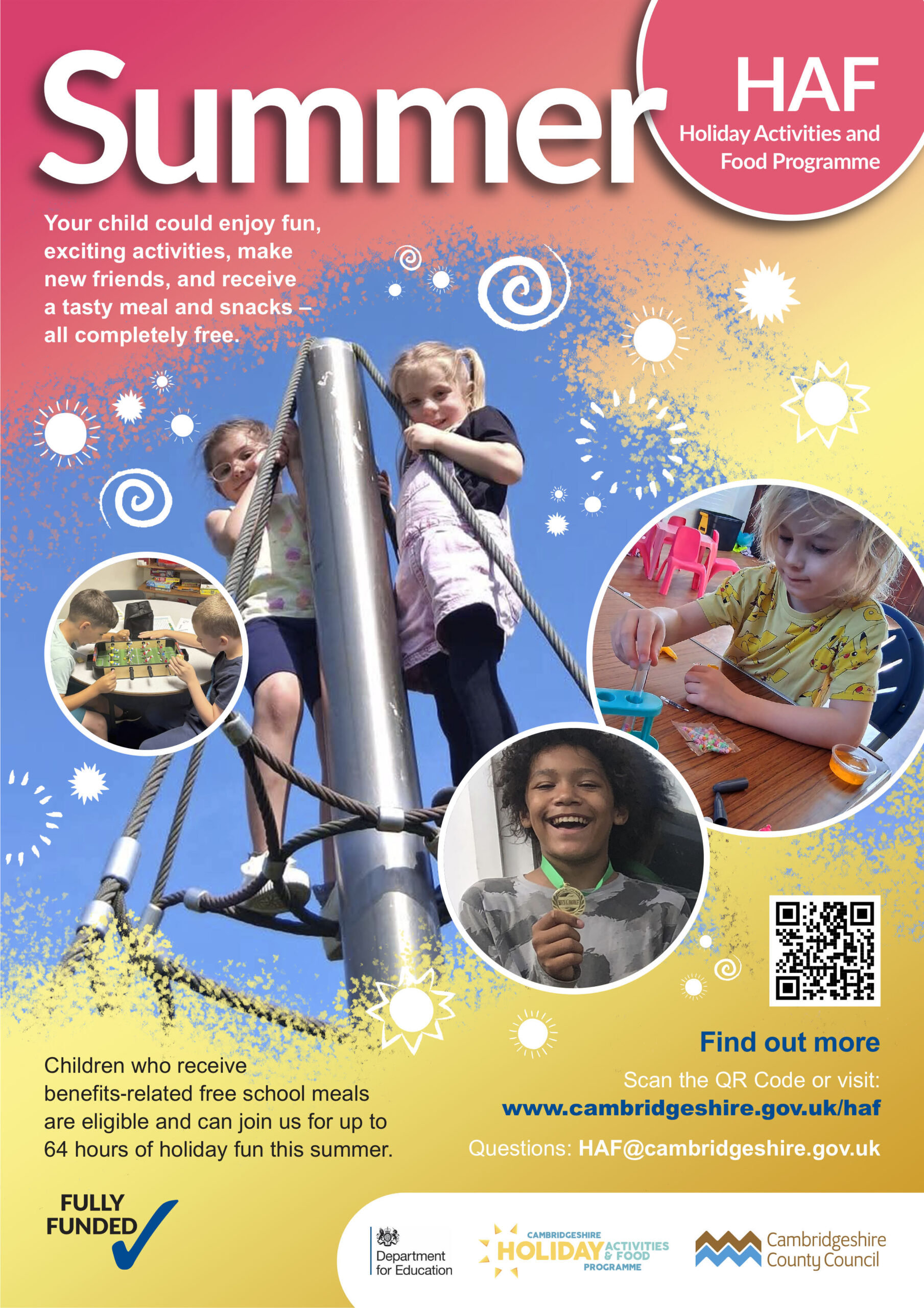 Three children play on a climbing frame; two others eat and paint; HAF summer programme details shown.